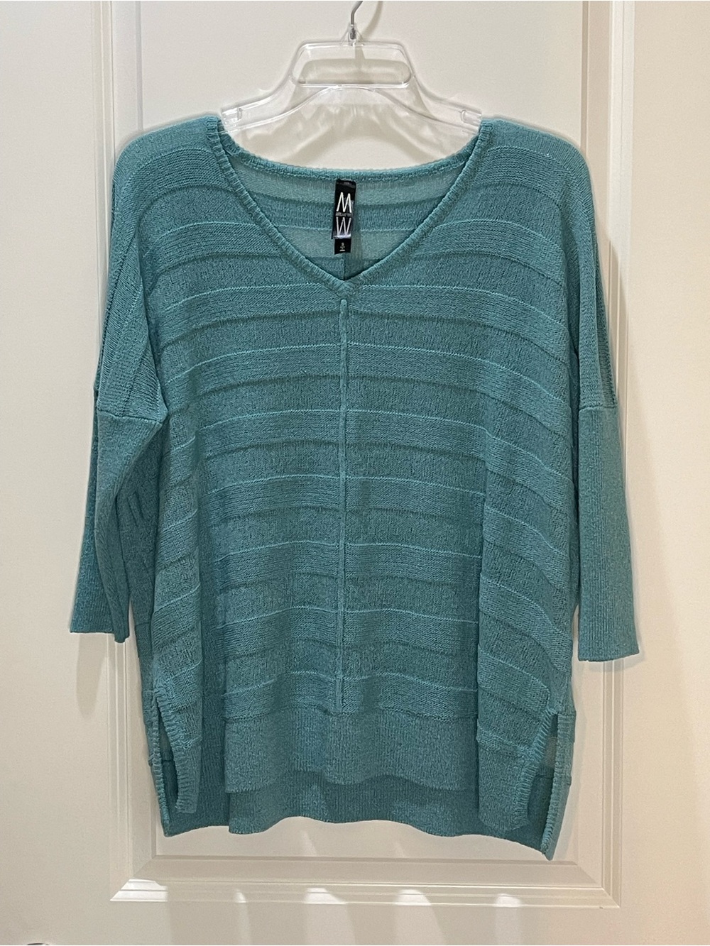 Beautiful Marla Wynne Teal V-Neck Textured Knit Top Oversized 3/4 Sleeve Size S